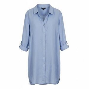 Tahari Women Blue Linen Button Front Tunic Shirt Roll Tab Size L Long Side Slits